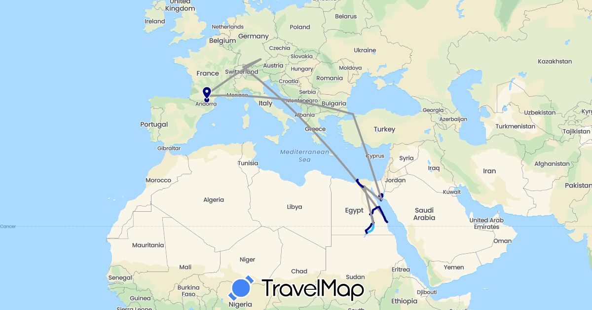 TravelMap itinerary: driving, plane, hiking, boat in Switzerland, Germany, Egypt, France, Turkey (Africa, Asia, Europe)