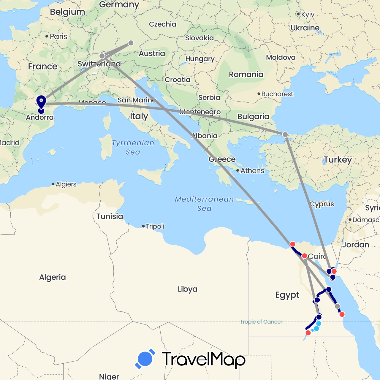 TravelMap itinerary: driving, plane, hiking, boat in Switzerland, Germany, Egypt, France, Turkey (Africa, Asia, Europe)