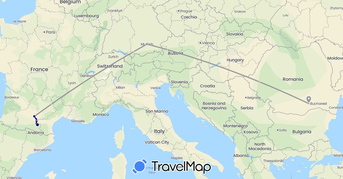 TravelMap itinerary: driving, plane in Germany, France, Romania (Europe)