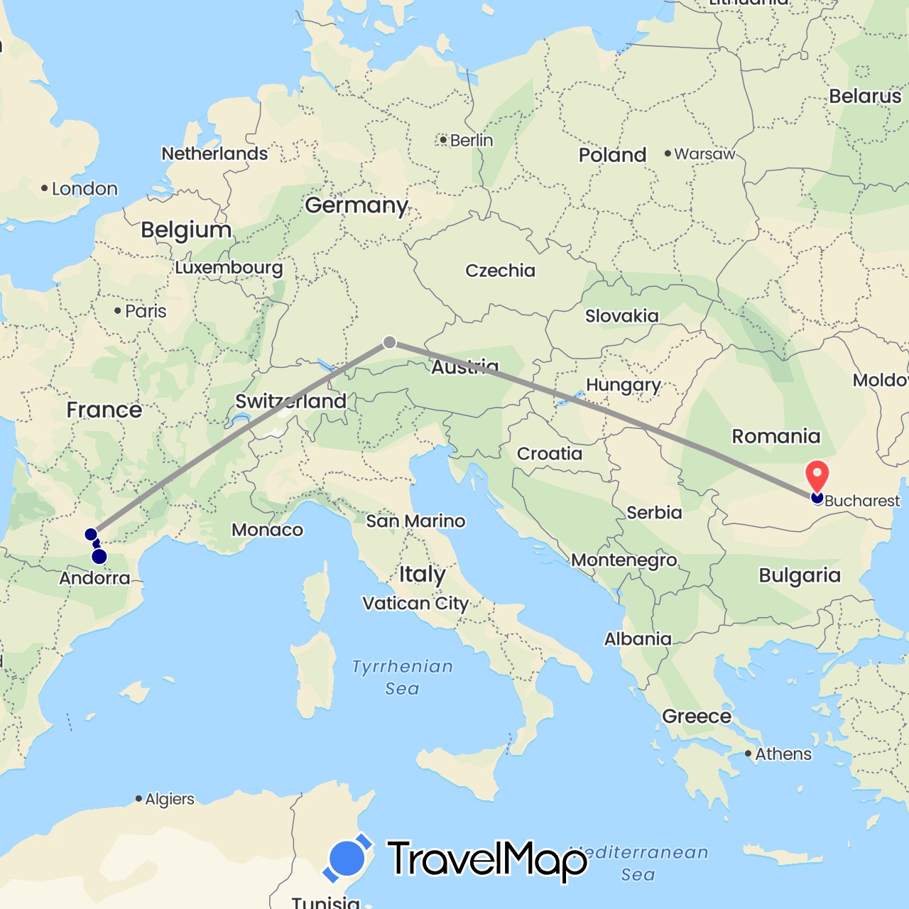 TravelMap itinerary: driving, plane in Germany, France, Romania (Europe)