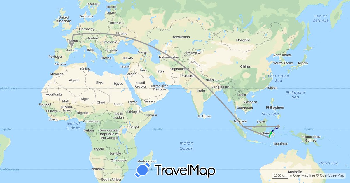 TravelMap itinerary: driving, bus, plane, hiking, boat in France, Indonesia, Singapore (Asia, Europe)