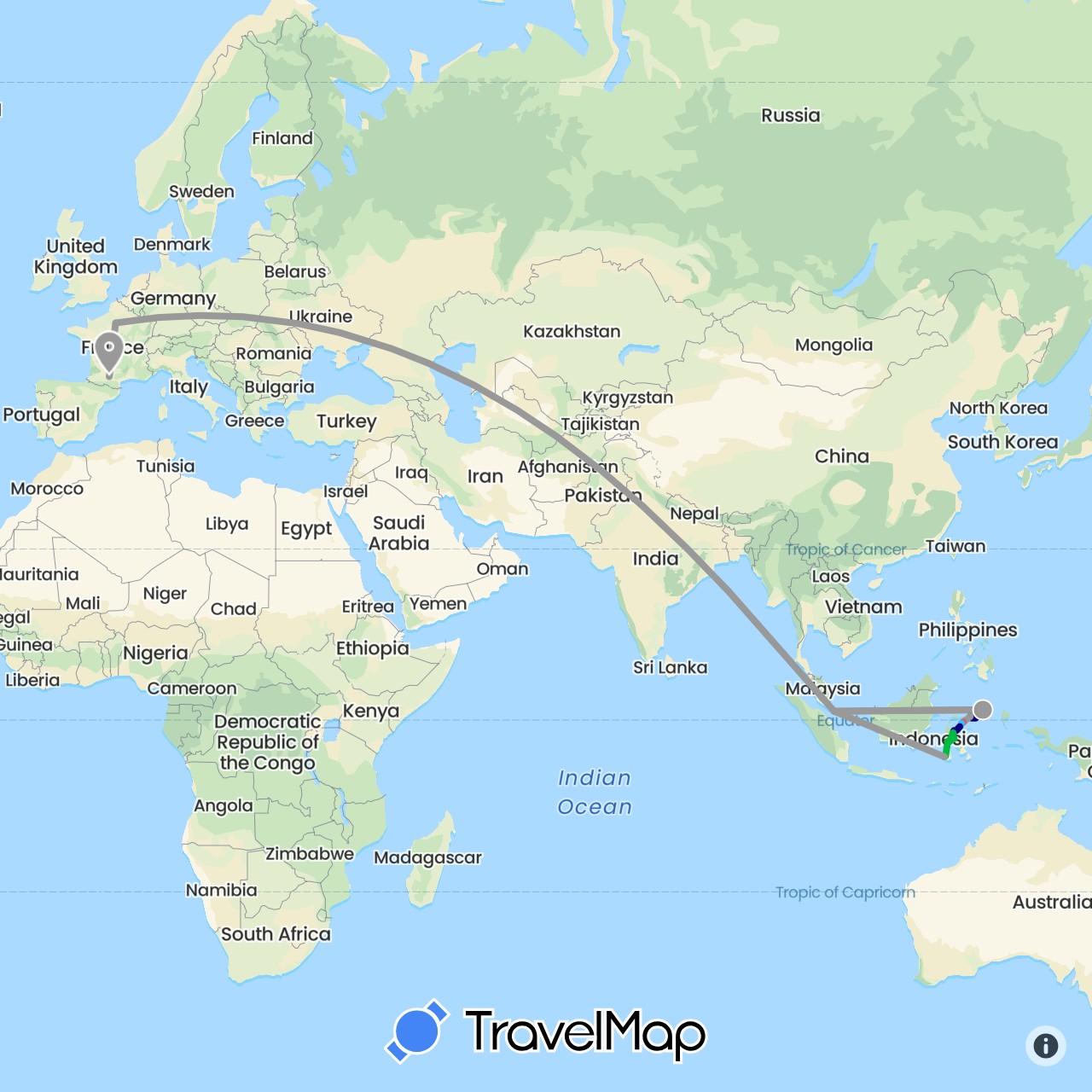 TravelMap itinerary: driving, bus, plane, hiking, boat in France, Indonesia, Singapore (Asia, Europe)